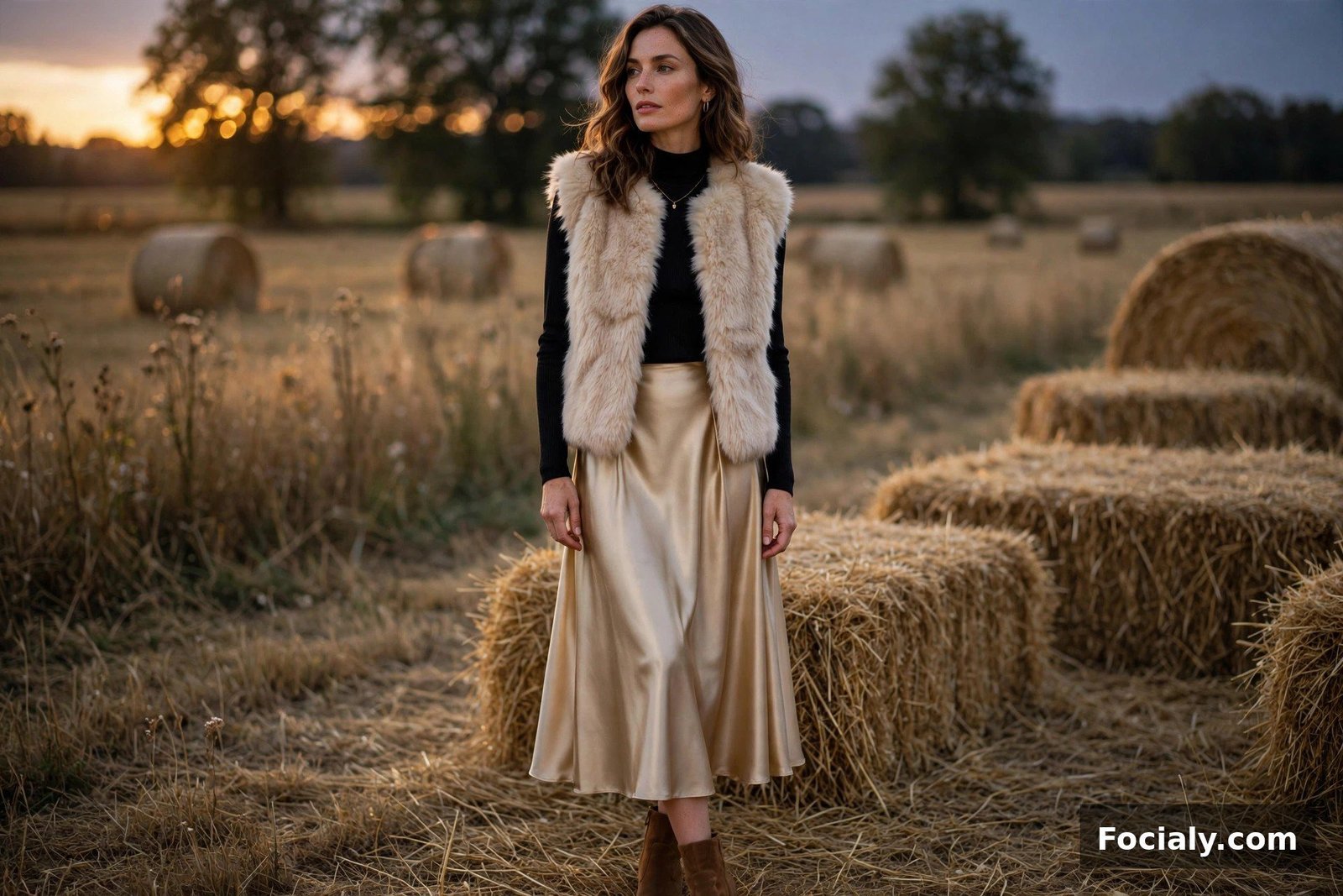 Faux Fur Vest + Satin Midi Skirt - country chic wedding guest outfit idea