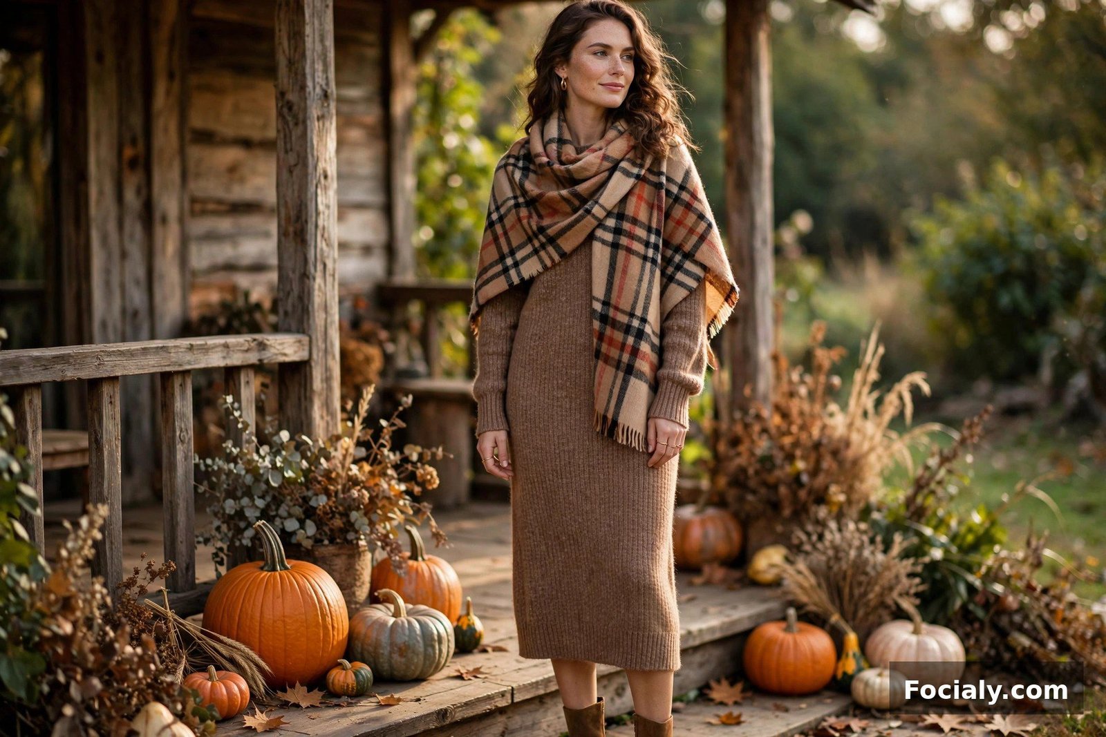 Plaid Blanket Scarf + Sweater Dress - country chic wedding guest outfit idea