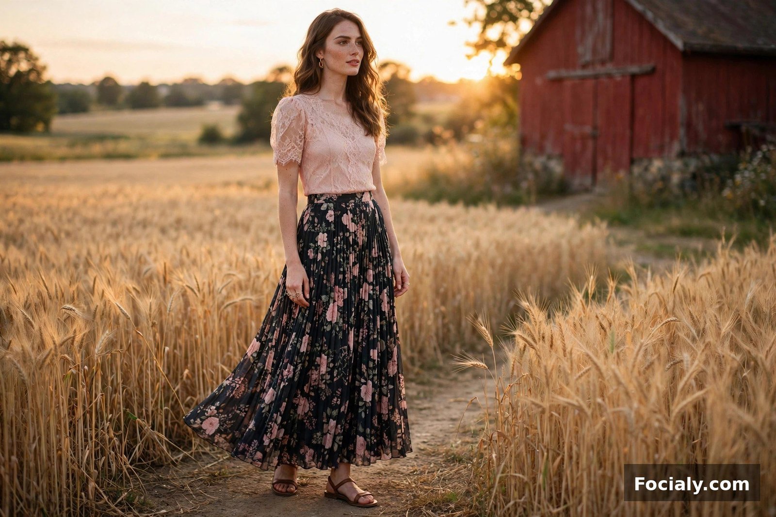 Blush Lace Top + Dark Floral Skirt - country chic wedding guest outfit idea