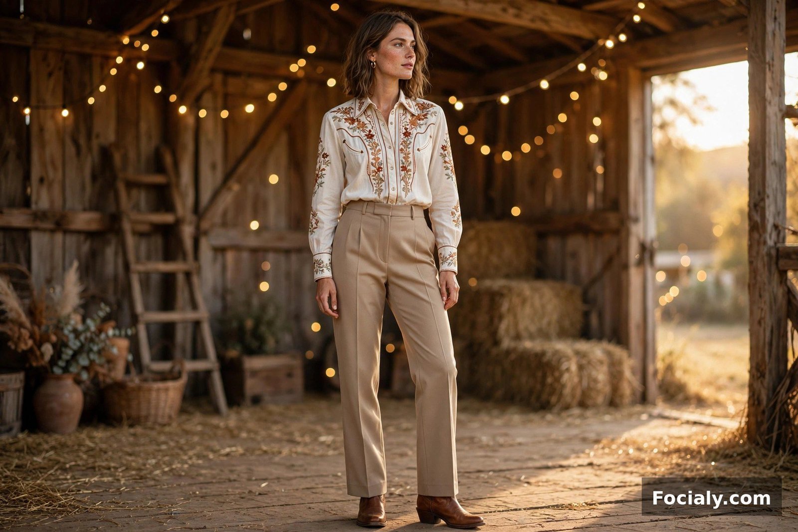Embroidered Western Blouse + Tailored Trousers - country chic wedding guest outfit idea