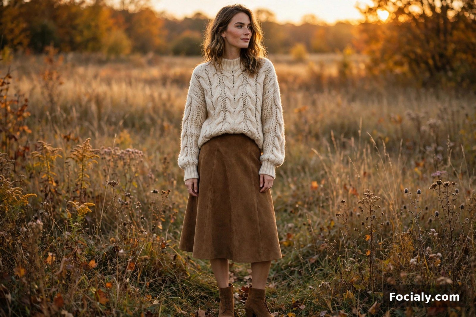 Suede A-Line Skirt + Chunky Knit - country chic wedding guest outfit idea