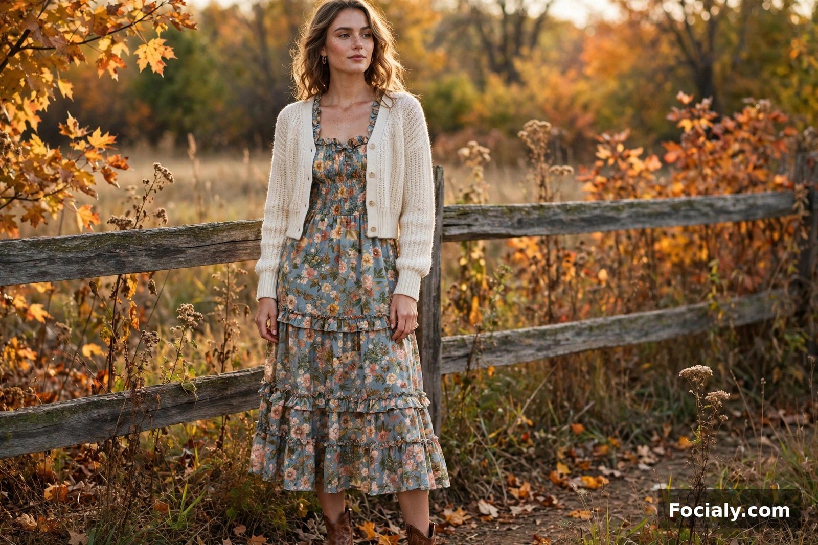 Floral Prairie Dress + Cropped Cardigan - country chic wedding guest outfit idea