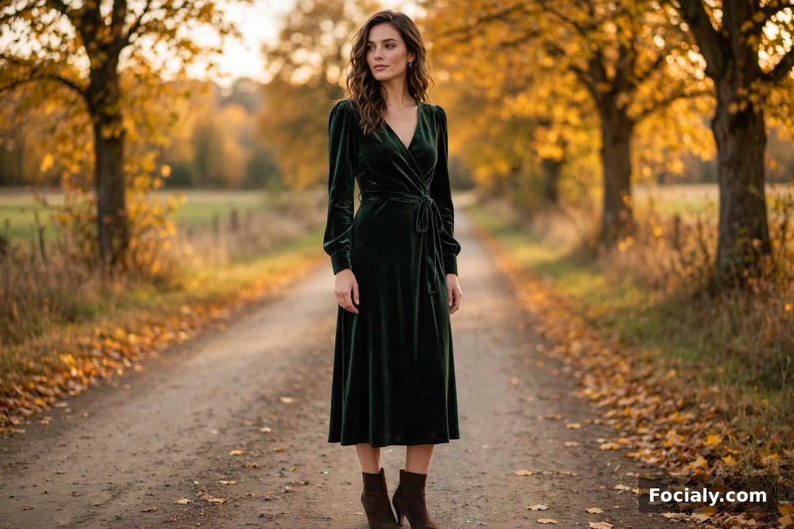 Dark Green Velvet Midi Dress - country chic wedding guest outfit idea