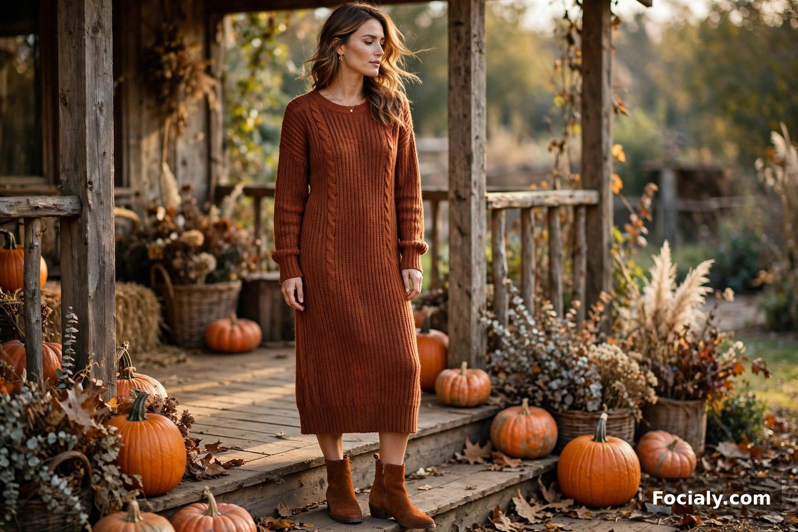 Rust Suede Boots + Knit Midi Dress - country chic wedding guest outfit idea