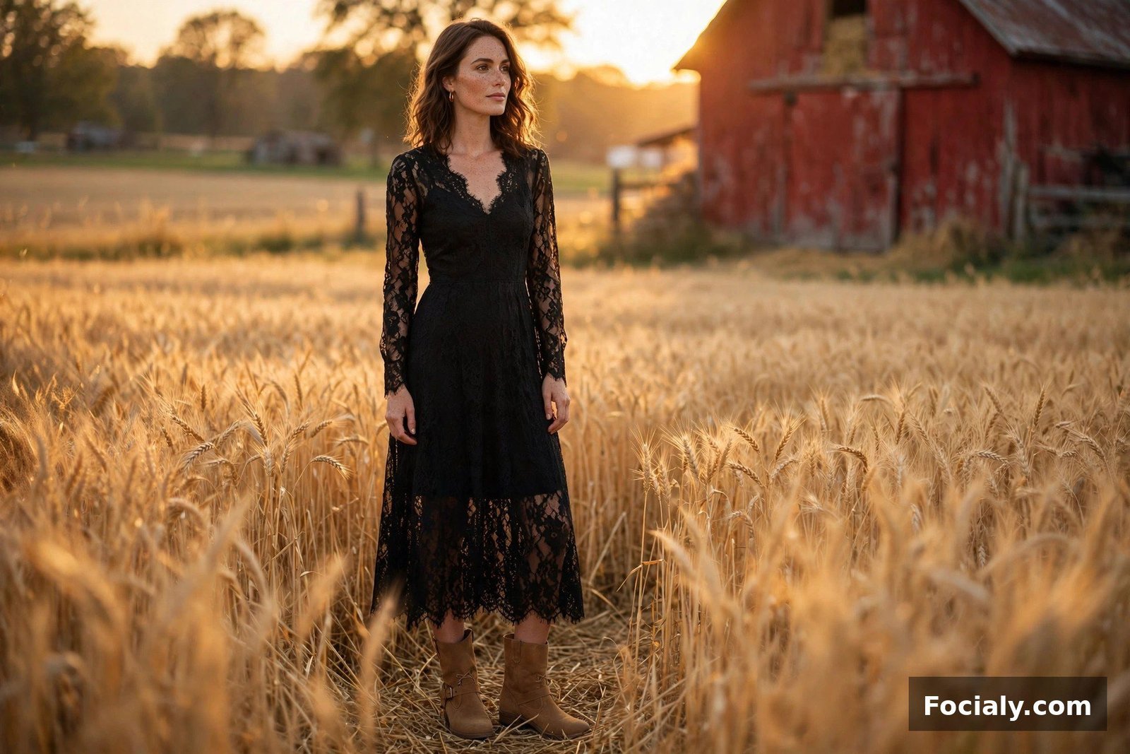 Black Lace Dress Warmed Up With Tan Boots - country chic wedding guest outfit idea
