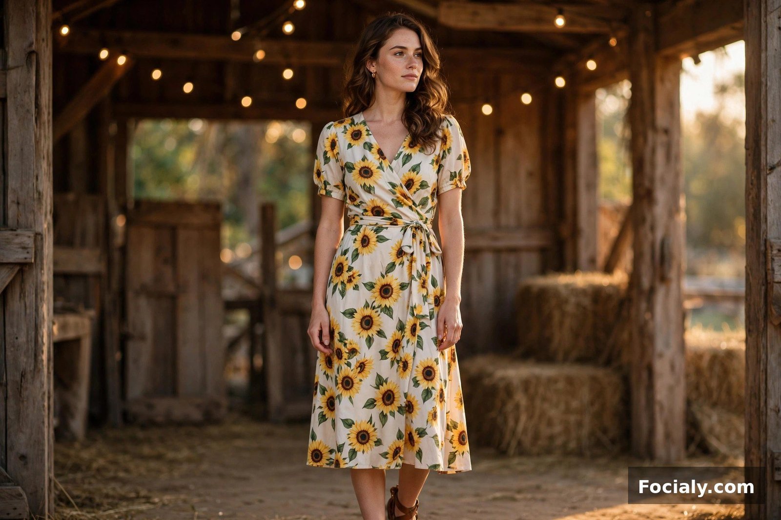 Sunflower Print Dress - country chic wedding guest outfit idea
