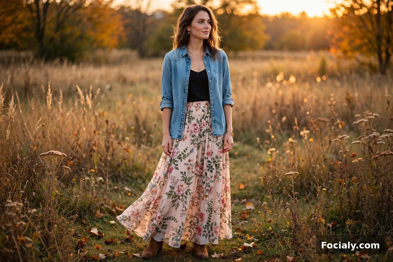 Denim Shirt + Floral Maxi Skirt - country chic wedding guest outfit idea