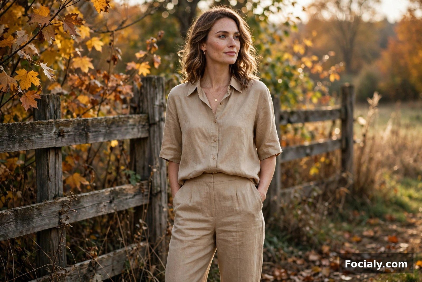 Wheat-Colored Linen Two-Piece Set - country chic wedding guest outfit idea