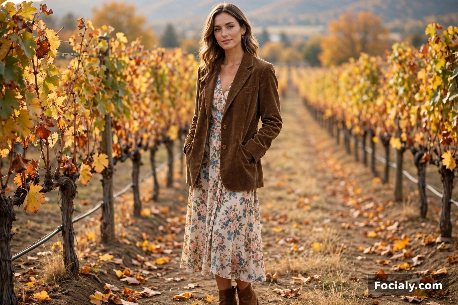 Brown Corduroy Blazer + Floral Dress - country chic wedding guest outfit idea
