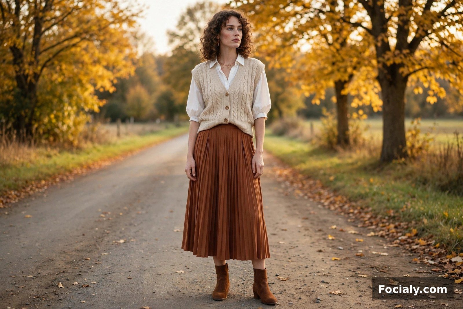 Knit Vest + Blouse + Midi Skirt - country chic wedding guest outfit idea