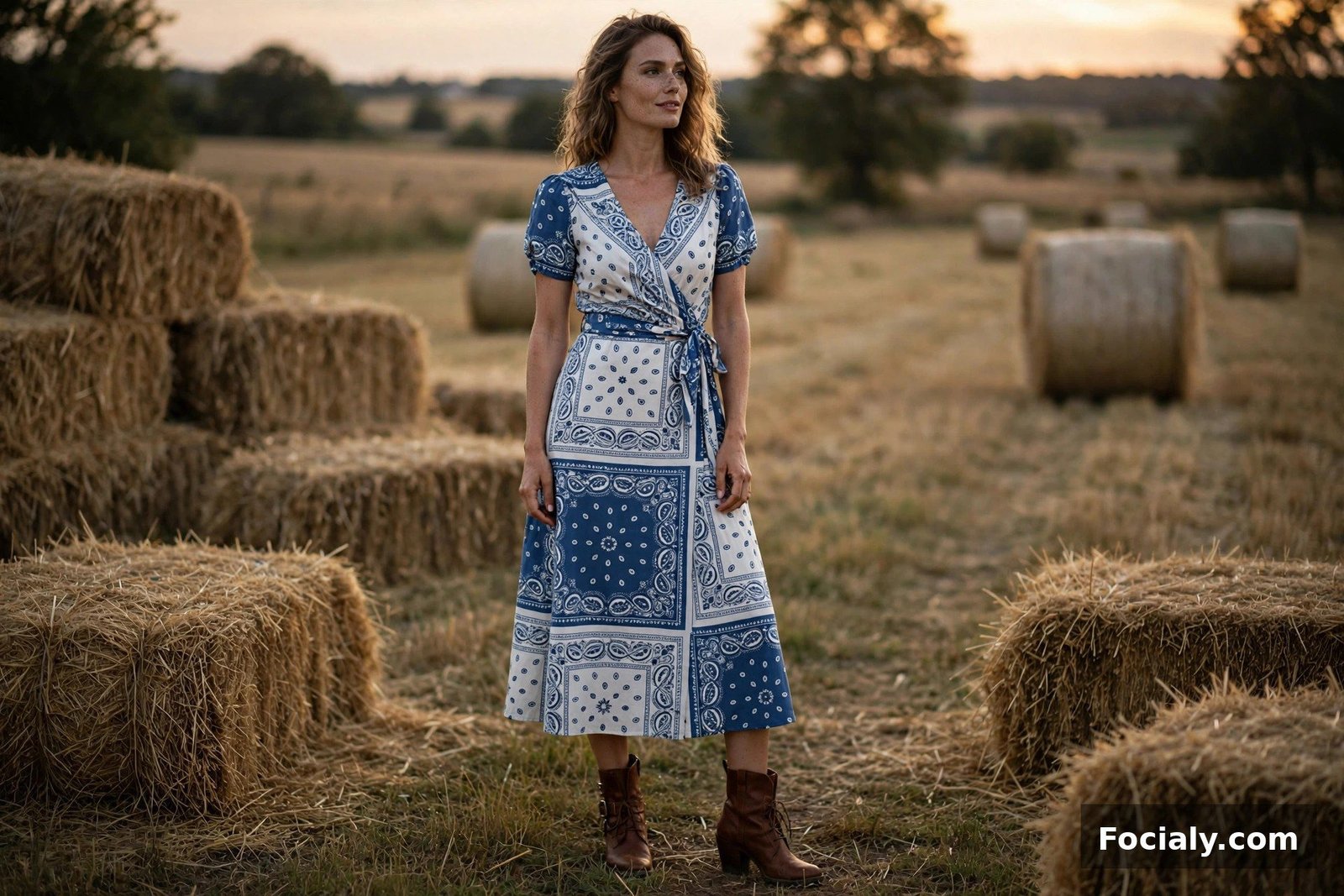 Bandana-Print Dress + Brown Boots - country chic wedding guest outfit idea