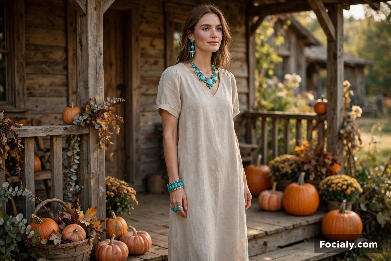 Turquoise Jewelry + Simple Neutral Dress - country chic wedding guest outfit idea