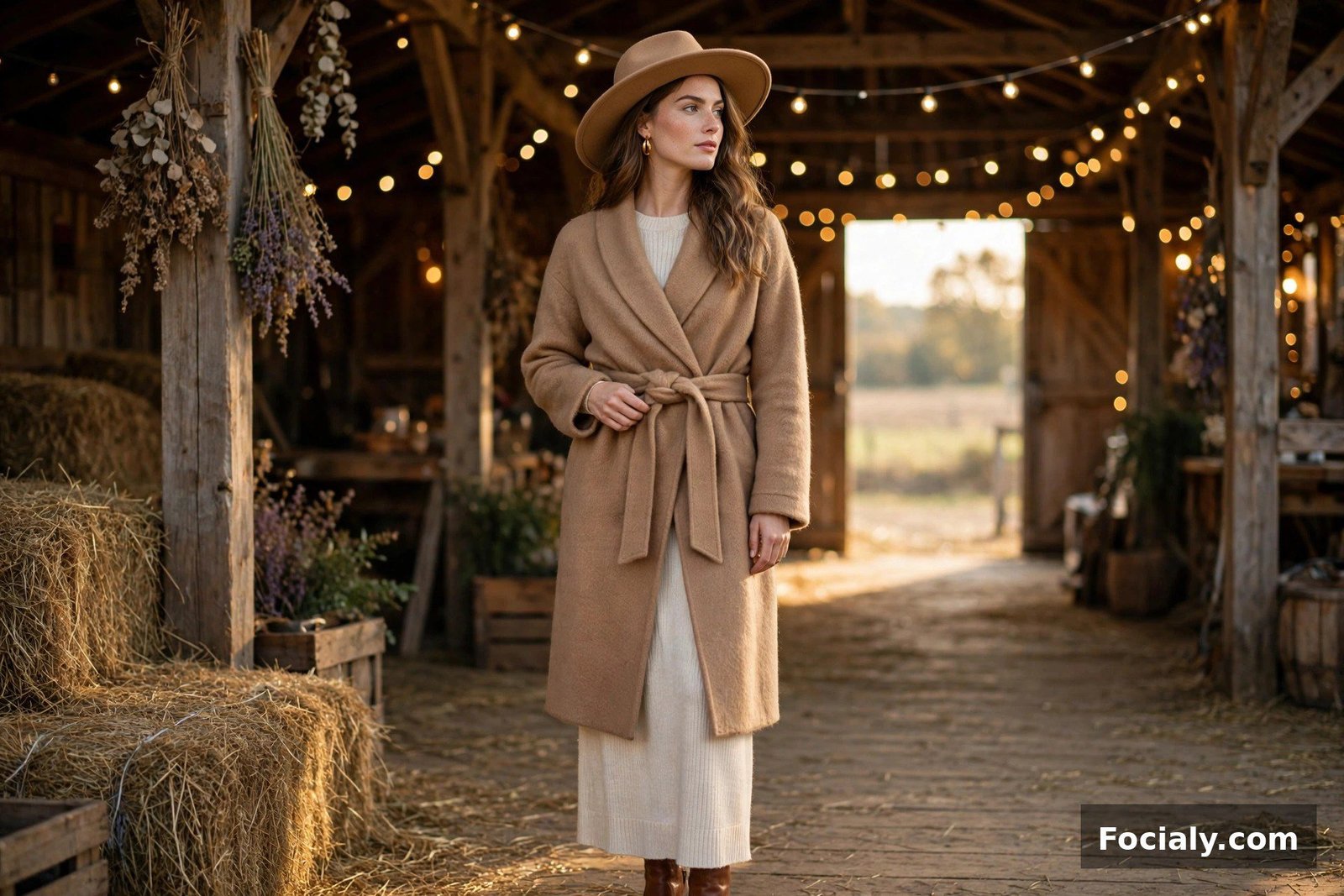 Wide-Brim Felt Hat + Wool Wrap Coat - country chic wedding guest outfit idea