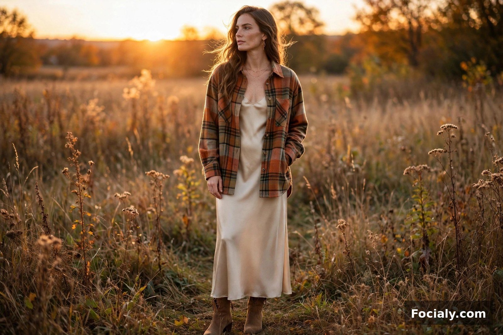 Layered Flannel Over a Slip Dress - country chic wedding guest outfit idea