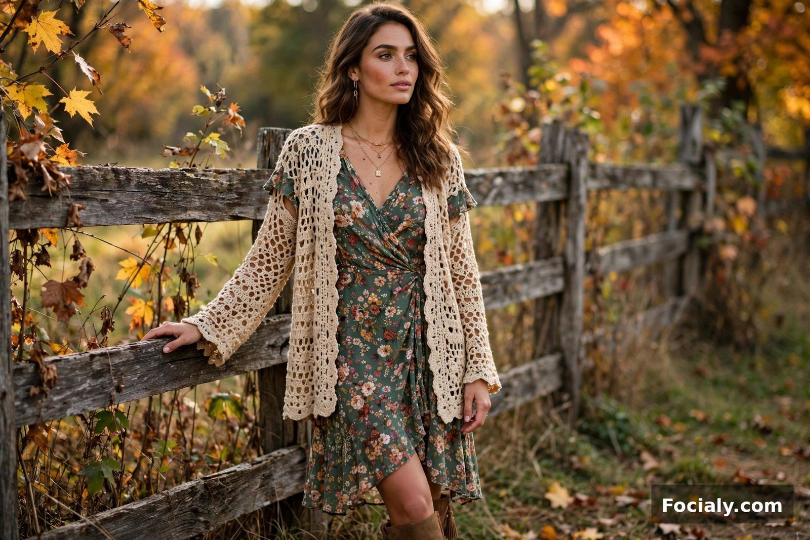 Boho Crochet Cardigan + Floral Dress - country chic wedding guest outfit idea