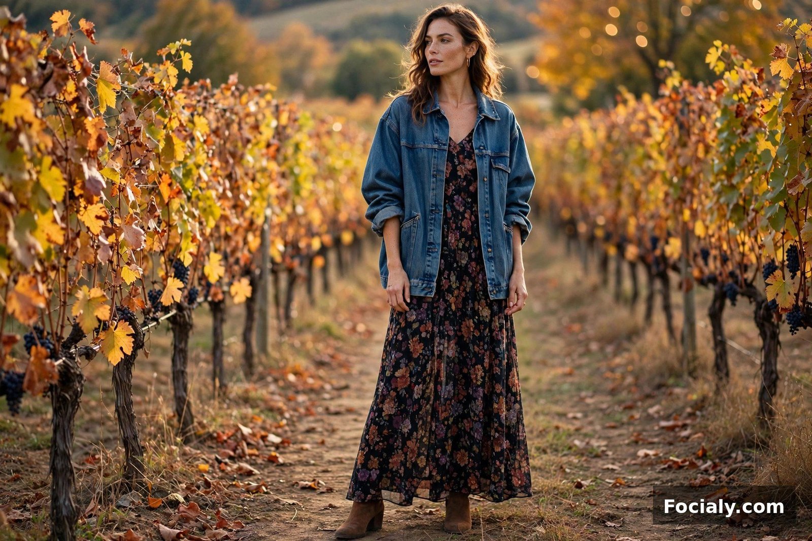 Dark Floral Maxi + Oversized Denim Jacket - country chic wedding guest outfit idea