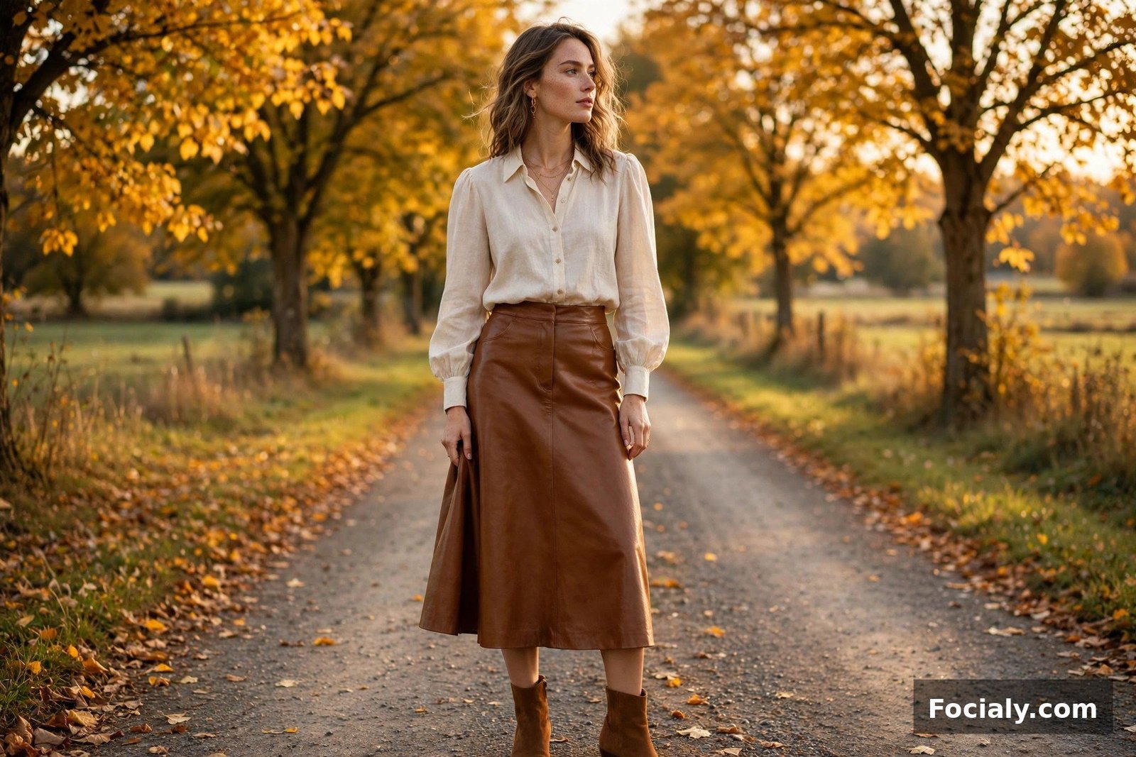 Caramel Leather Skirt + Cream Blouse - country chic wedding guest outfit idea