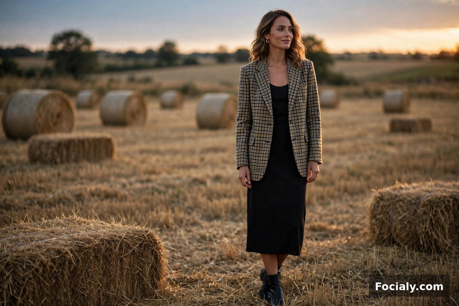 Checkered Blazer + Simple Black Dress - country chic wedding guest outfit idea