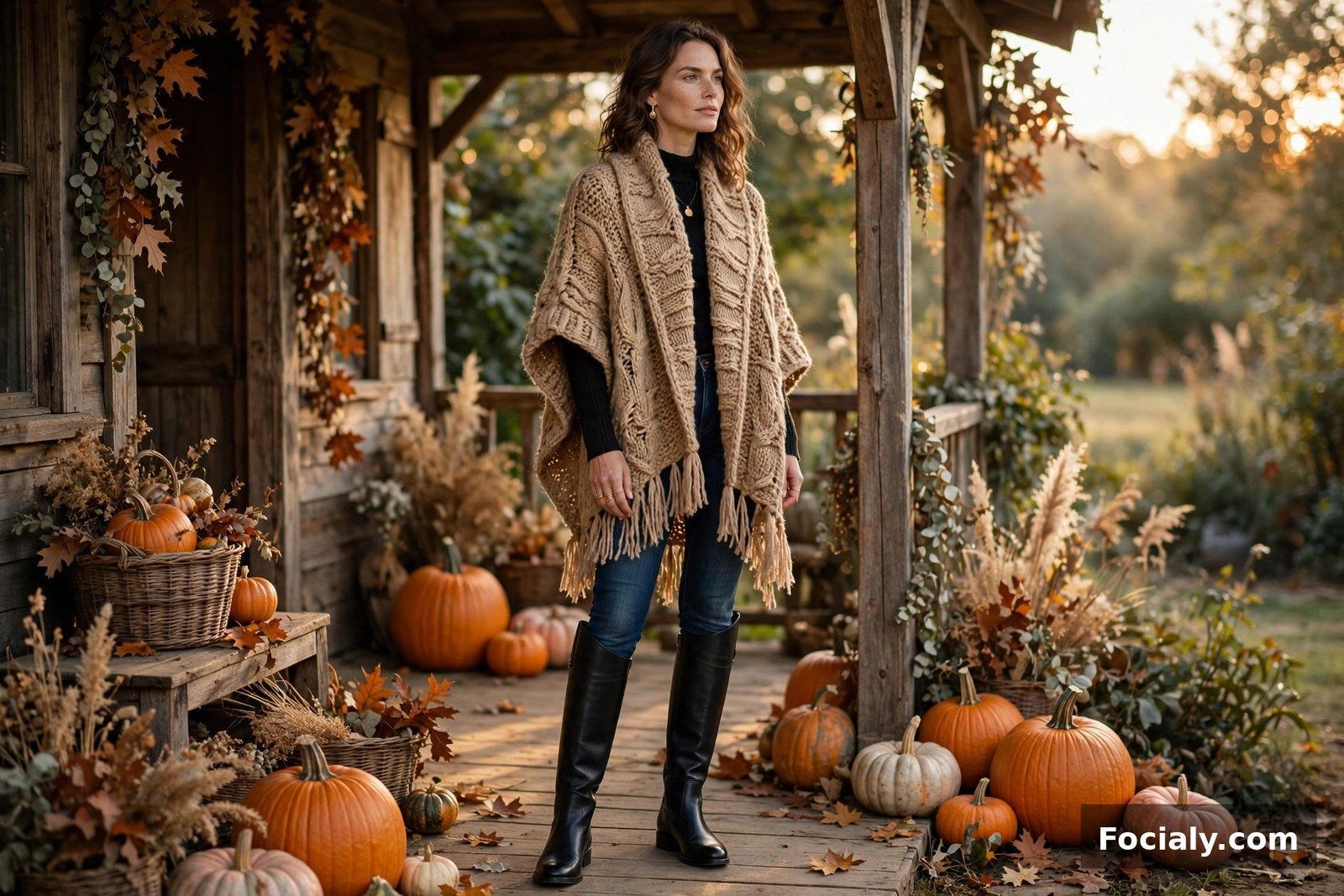 Knitted Poncho + Tall Boots - country chic wedding guest outfit idea