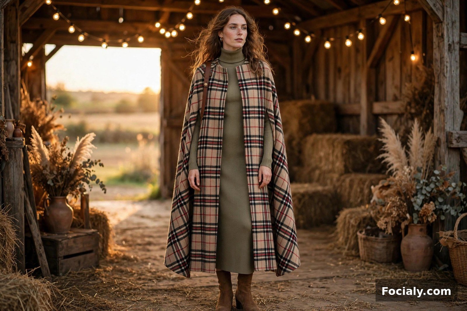 Plaid Cape + Turtleneck Dress - country chic wedding guest outfit idea