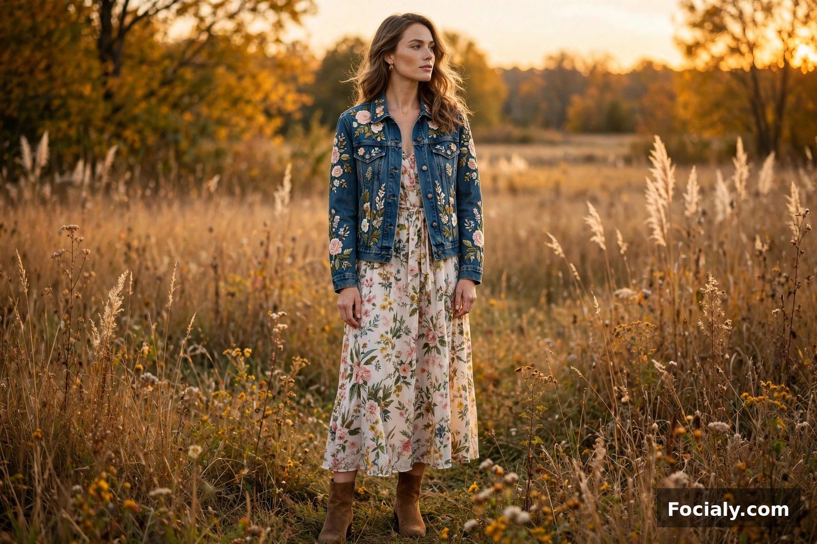 Embroidered Denim Jacket + Floral Dress - country chic wedding guest outfit idea