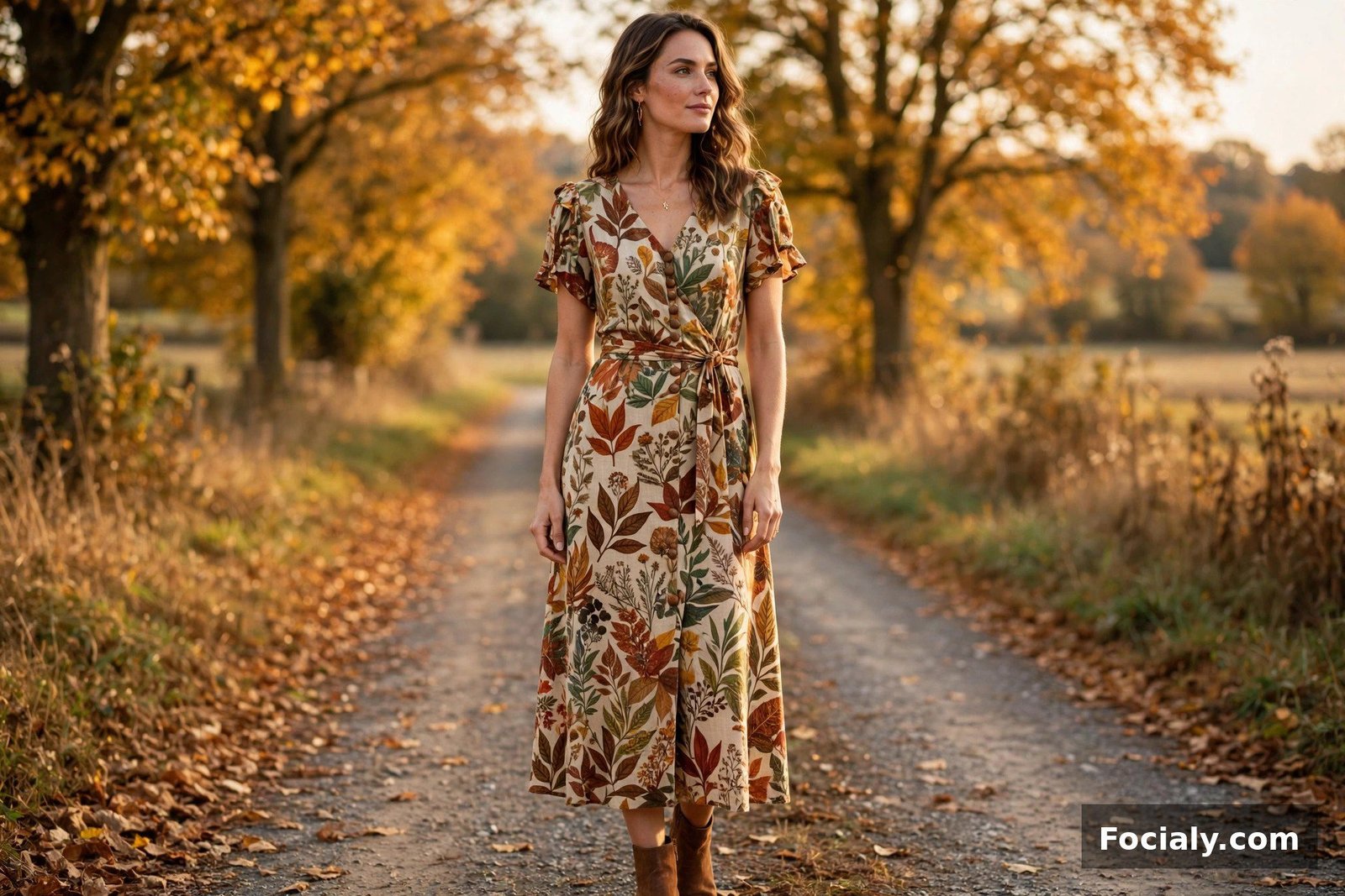 Autumn Botanical Print Dress - country chic wedding guest outfit idea