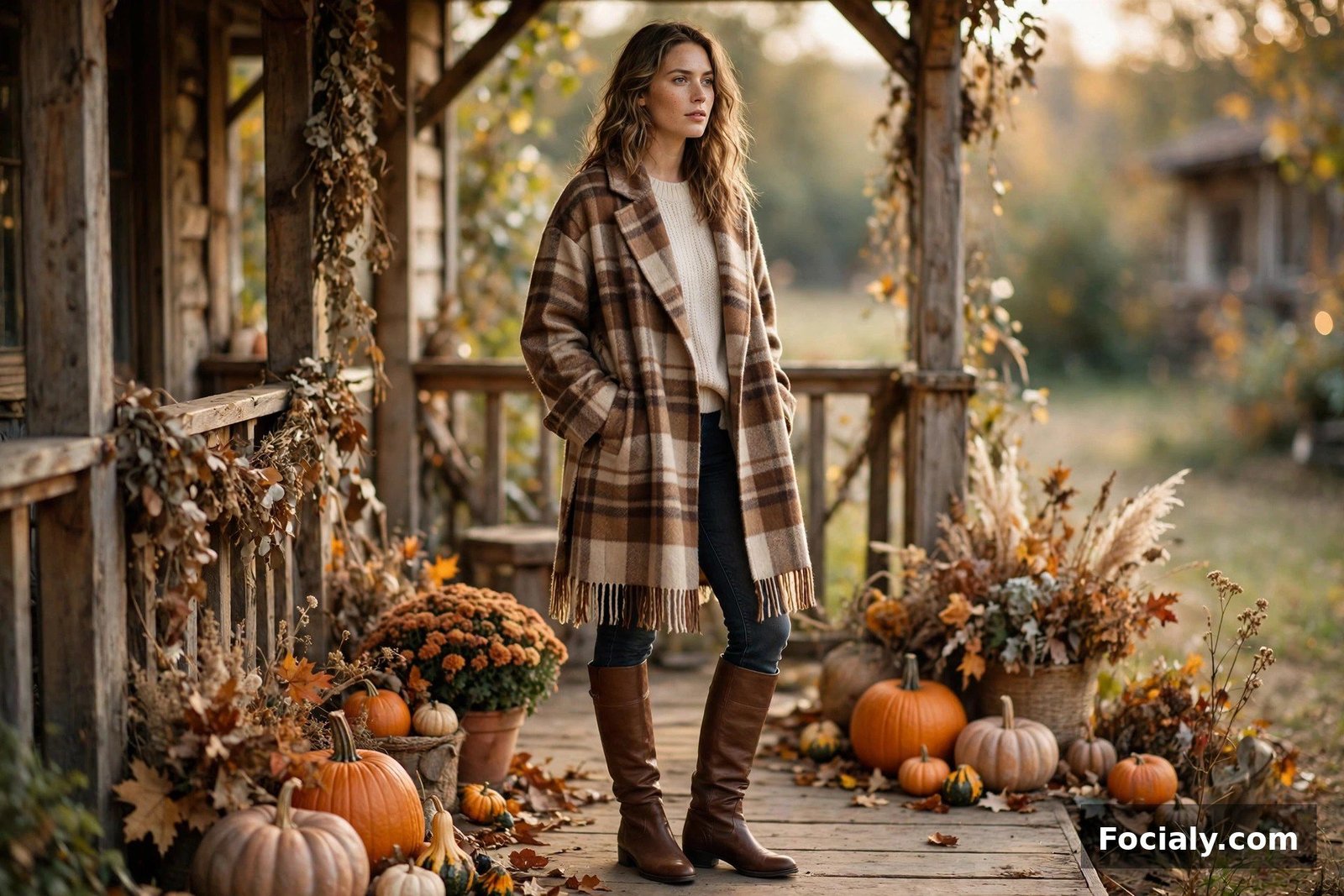 Blanket Coat + Knee-High Boots - country chic wedding guest outfit idea