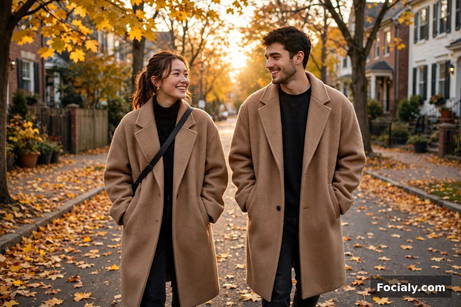 Couple wearing matching camel wool coats walking together on an autumn street