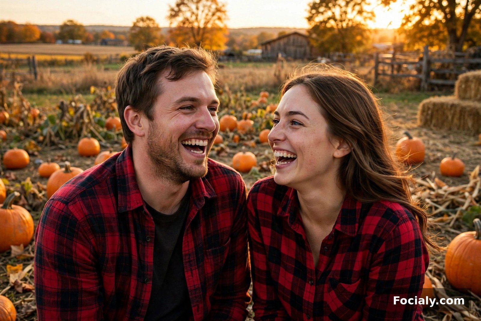 Couple in red and black plaid flannel shirts laughing in a pumpkin patch