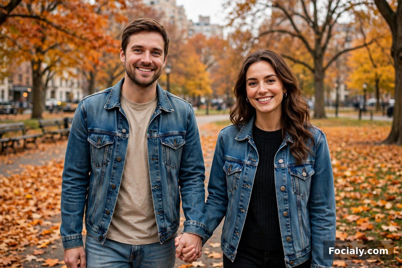 Couple wearing matching denim jackets holding hands in a city park