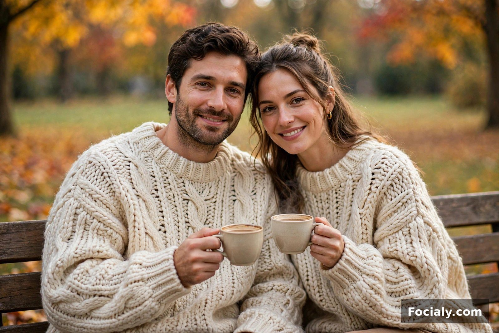 Couple in oversized cream knit sweaters sitting on a park bench with coffee