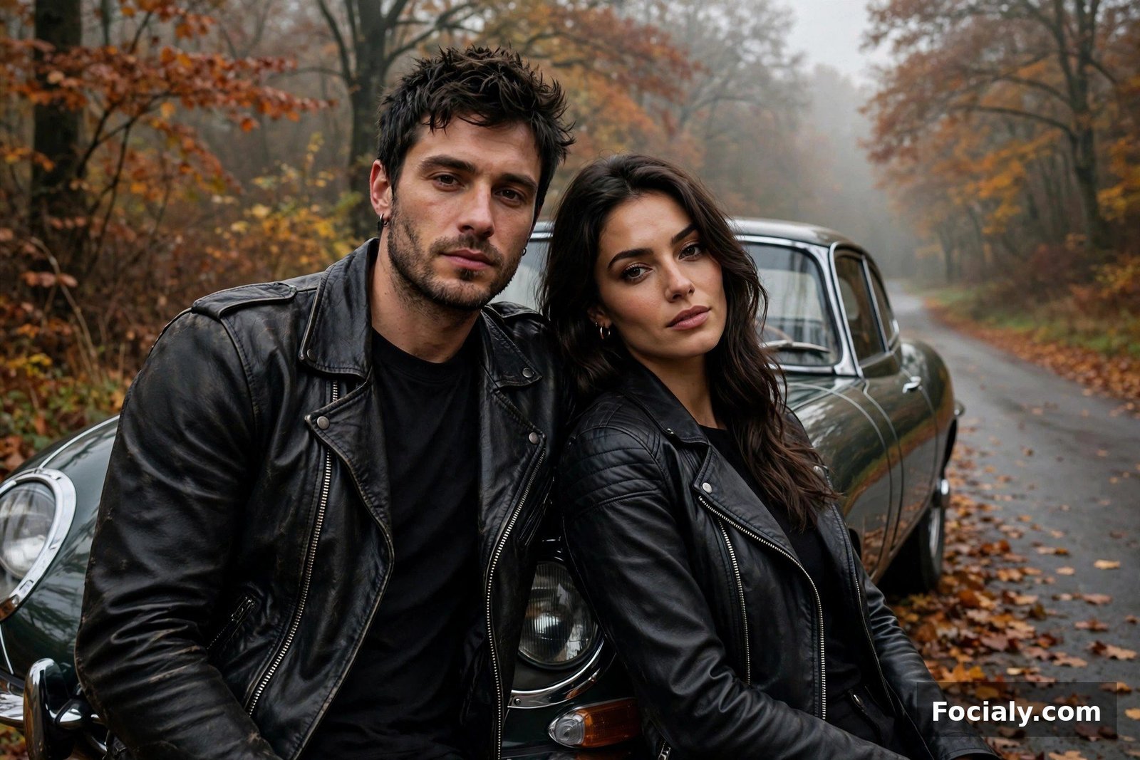 Couple wearing black leather jackets leaning against a vintage car