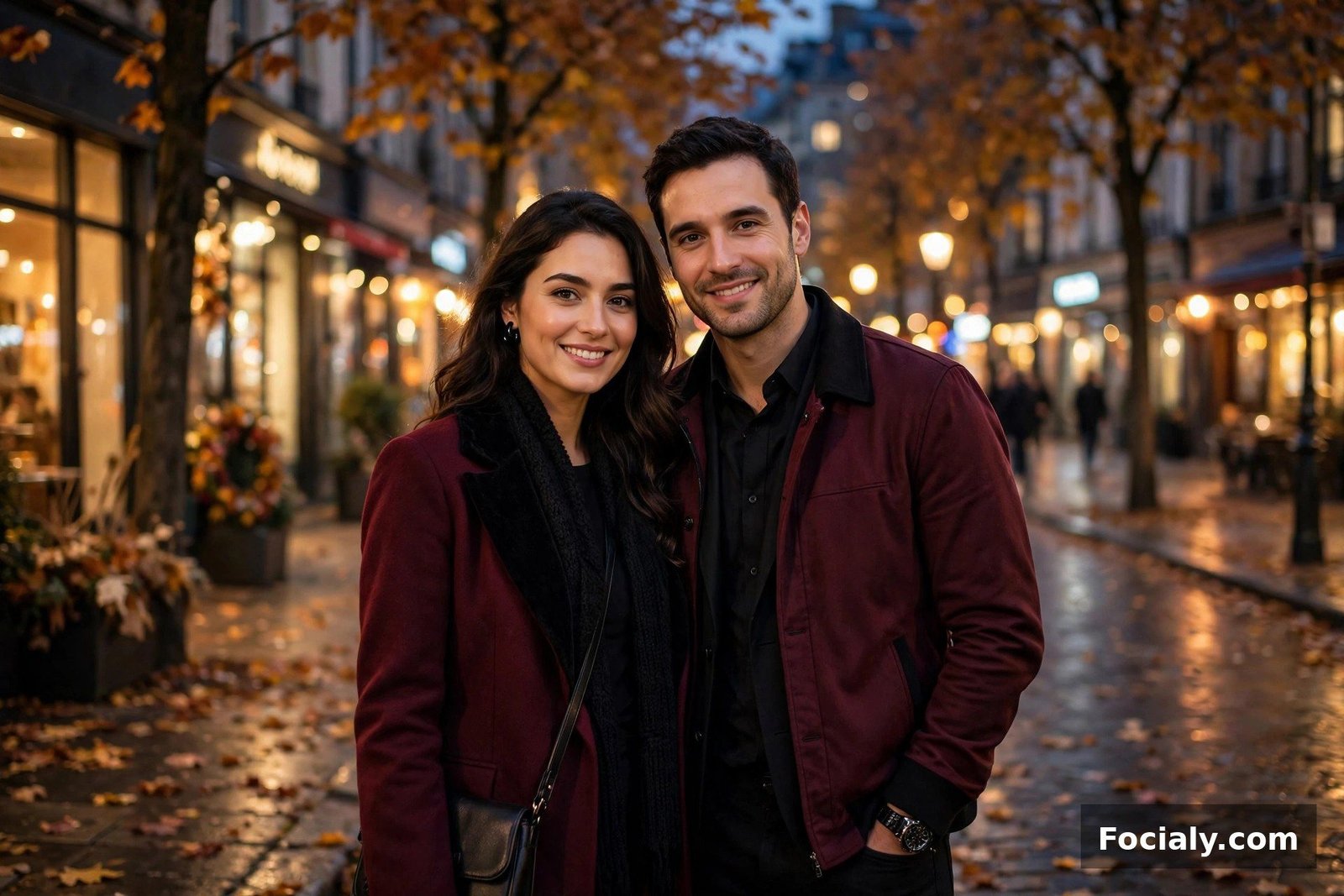 Couple dressed in burgundy and black outfits on an evening city date