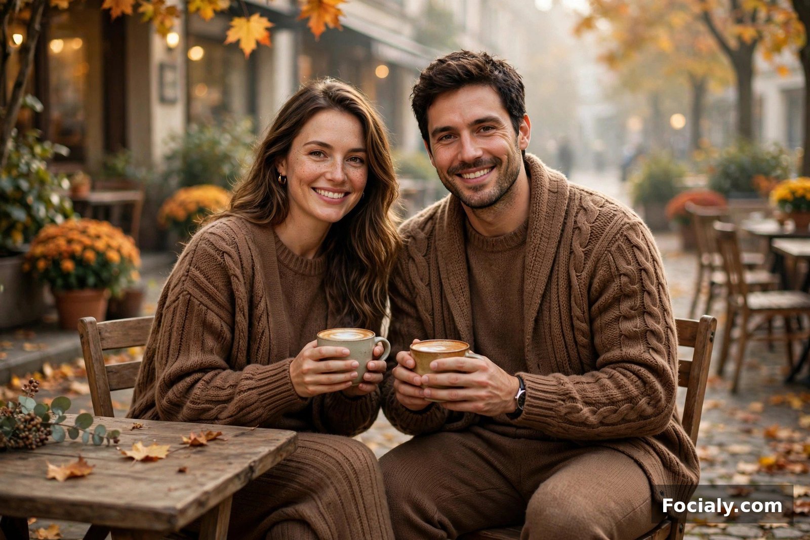 Couple wearing matching knit sets in warm brown tones at a cafe