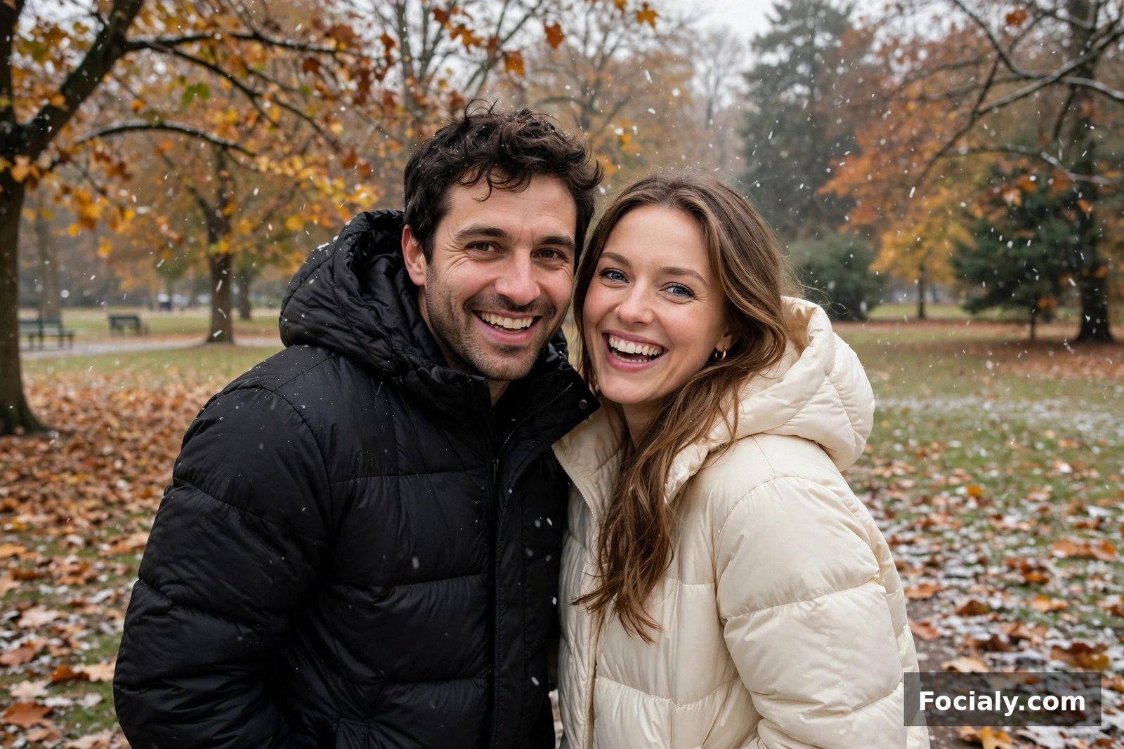 Couple wearing contrasting black and cream puffer coats in falling snow flurries