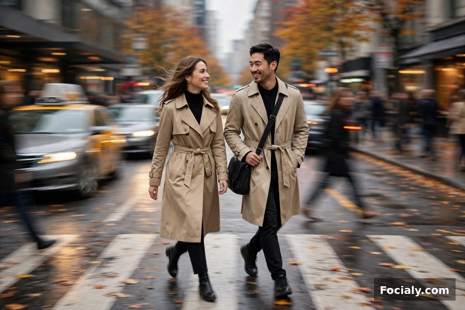 Couple wearing matching beige trench coats crossing a city street