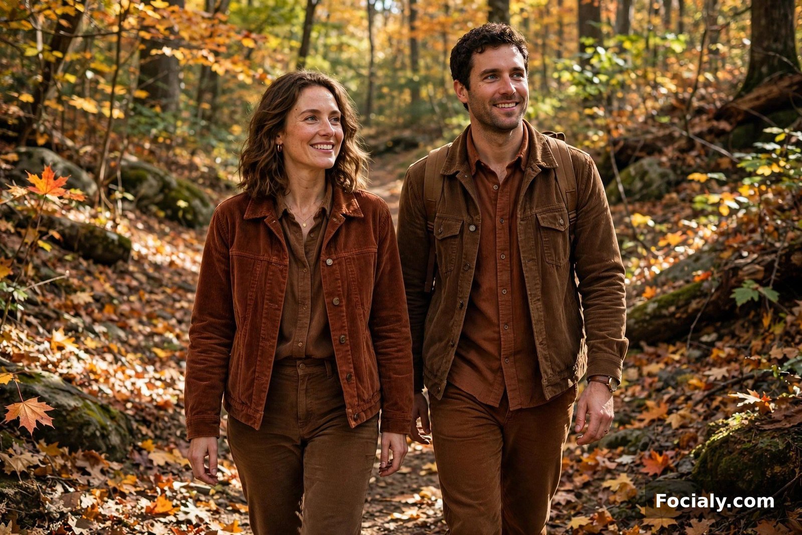 Couple wearing corduroy outfits in rust and brown tones in a forest