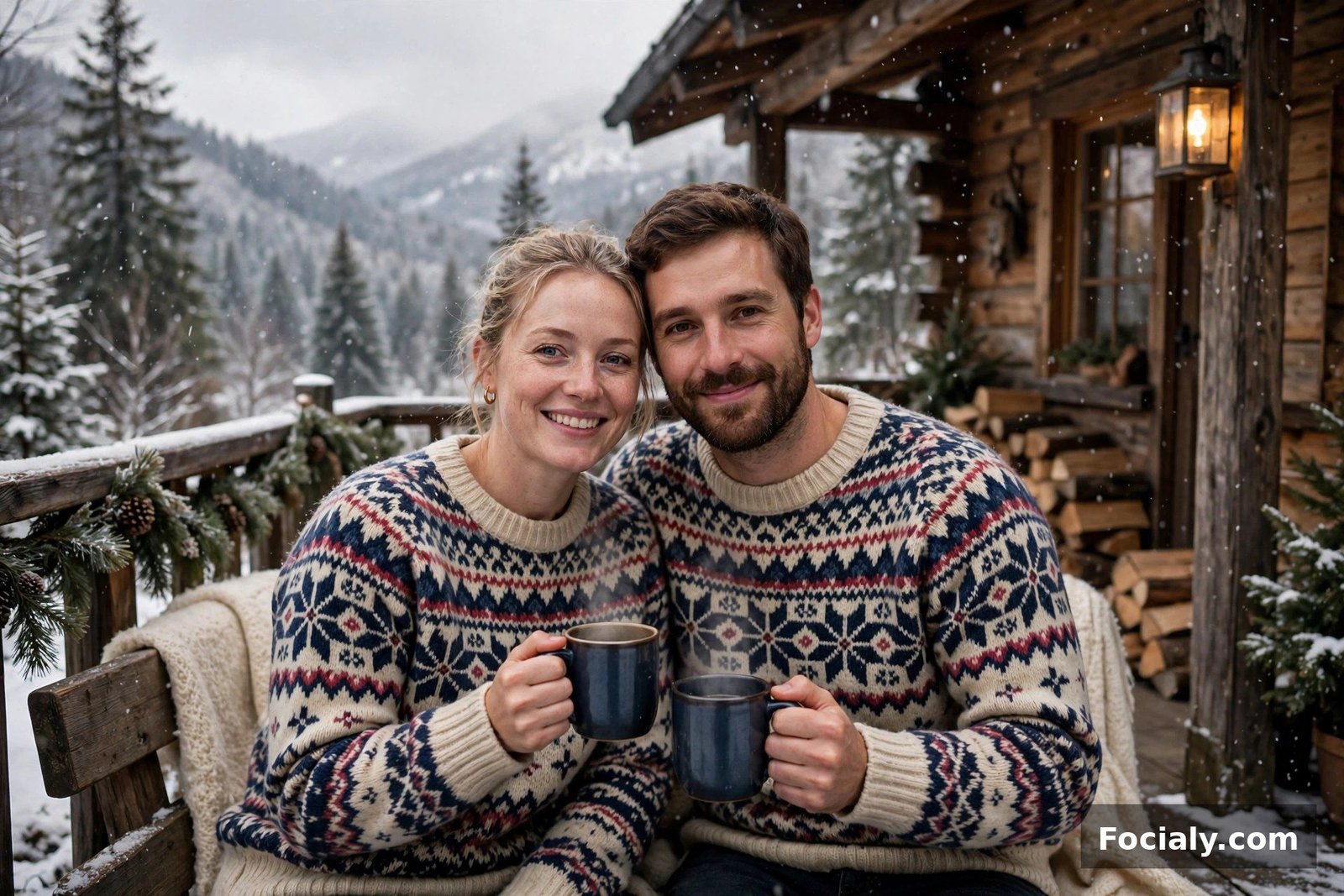 Couple wearing matching Fair Isle sweaters in a snowy mountain cabin setting