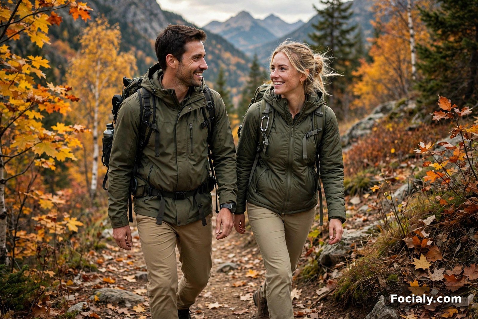 Couple wearing olive and khaki outfits hiking on an autumn trail