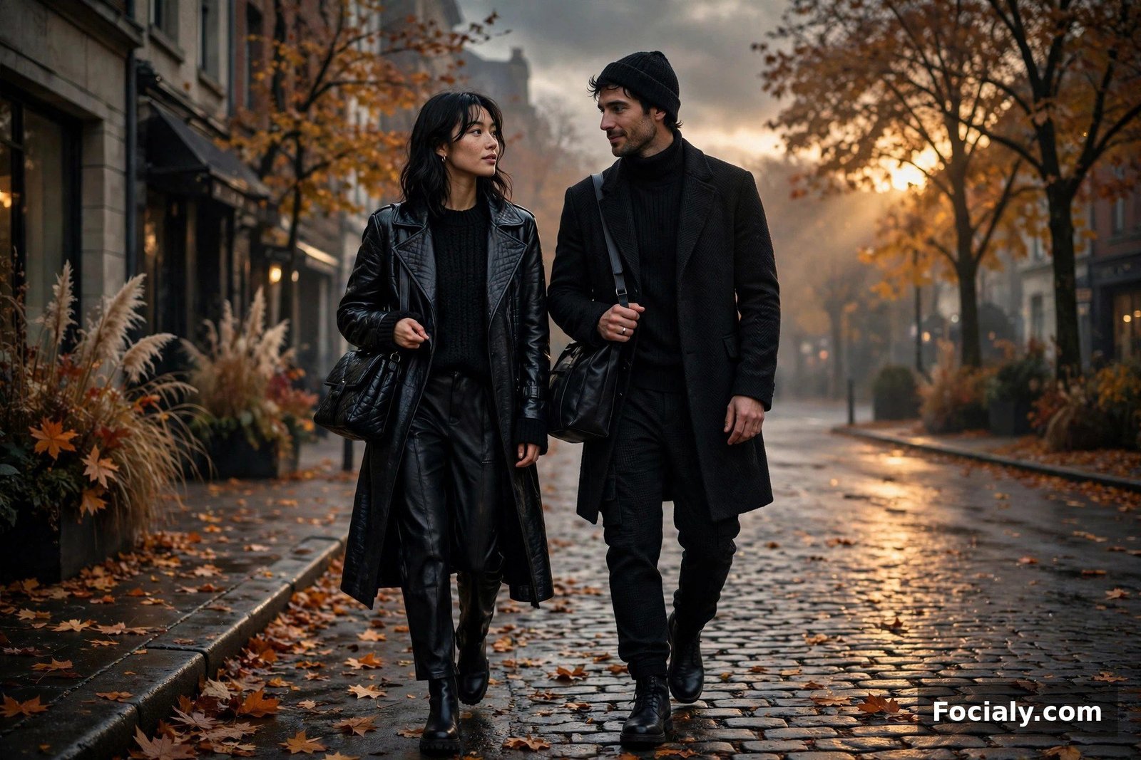 Couple dressed head to toe in black outfits on a moody fall street