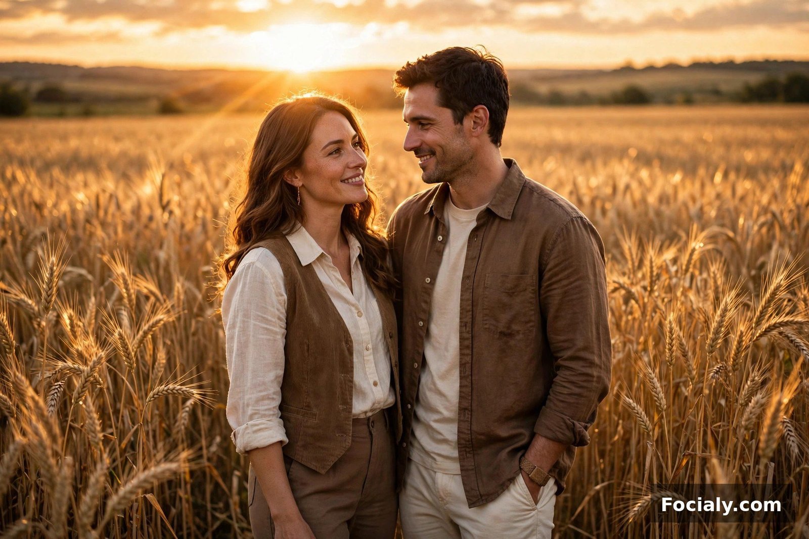 Couple wearing cream and brown neutral outfits in a golden wheat field