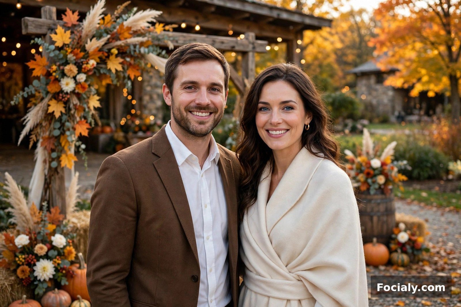 Couple dressed smartly with his blazer and her wrap coat at a fall wedding venue