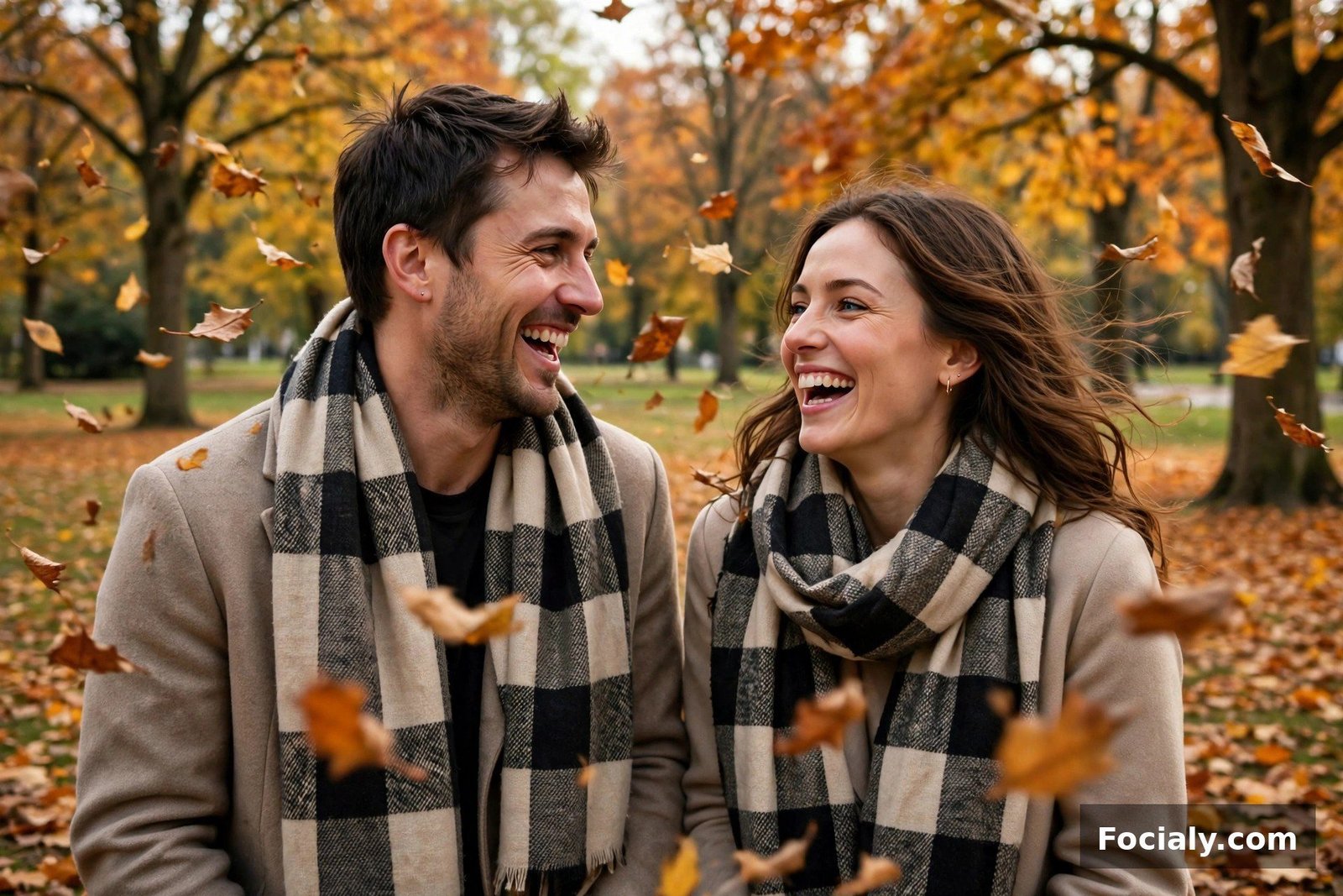 Couple wearing matching checkered scarves over neutral coats in a park