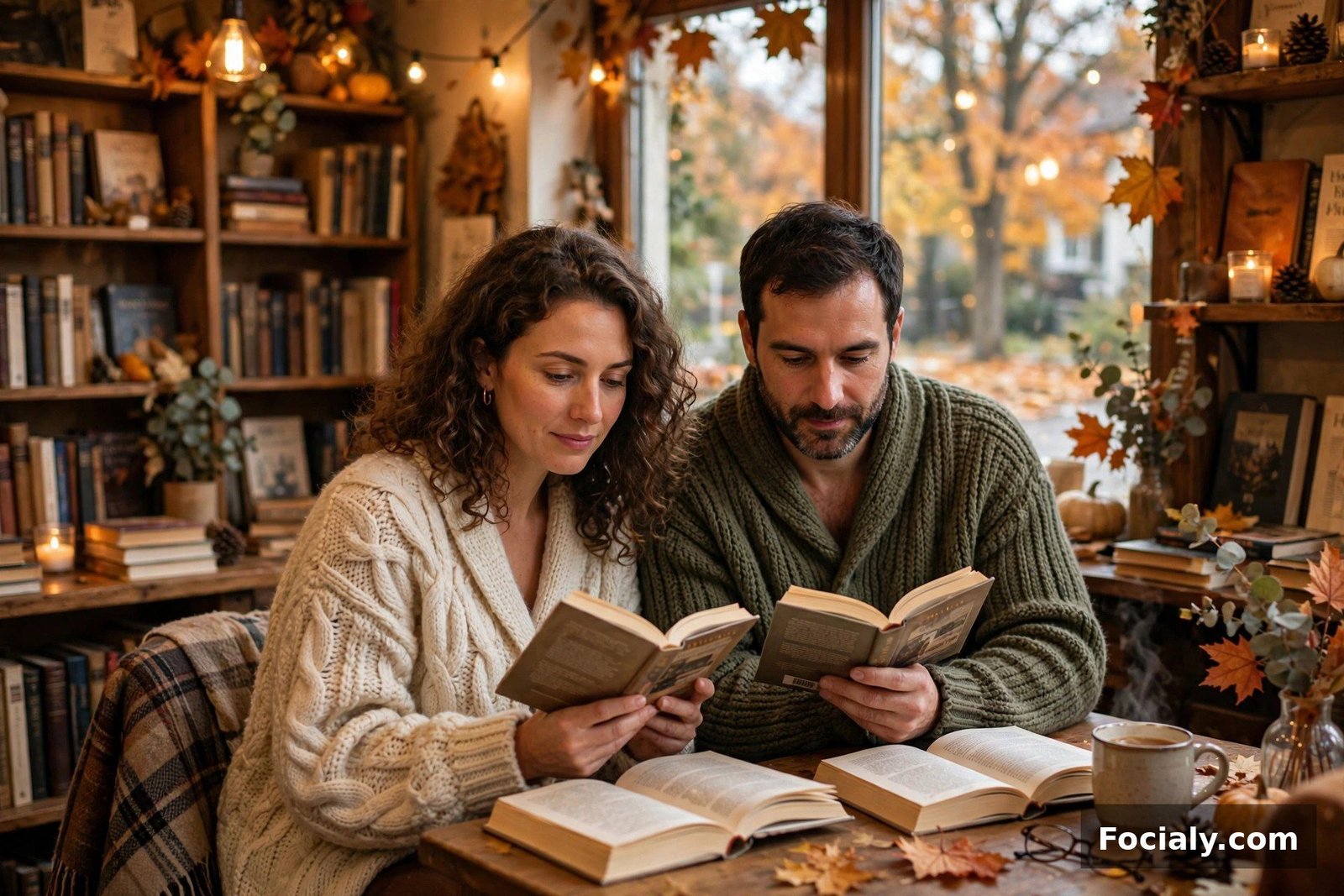 Couple wearing chunky knit cardigans reading together in a cozy bookstore