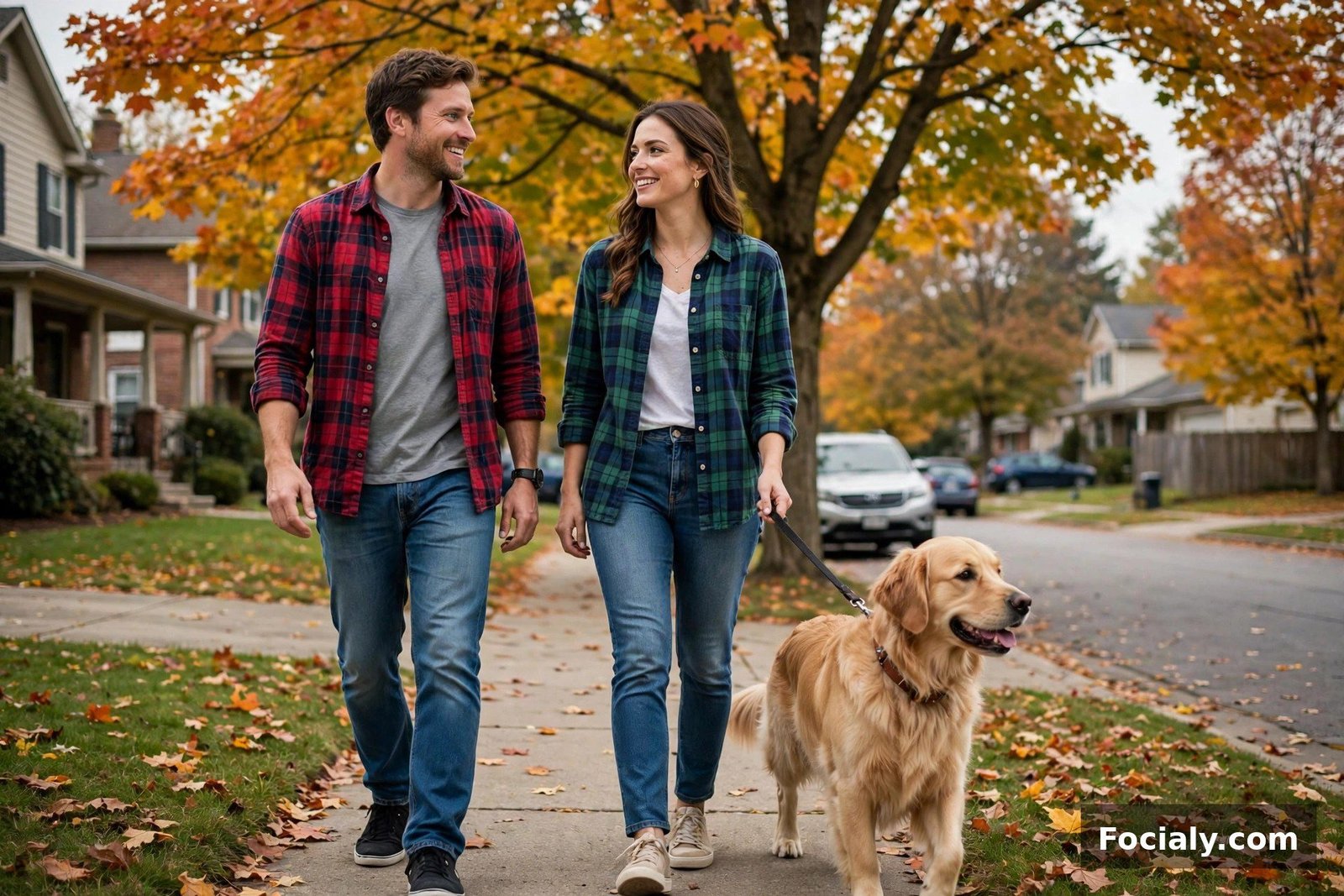 Casual couple in flannel shirts and jeans walking their dog in a neighborhood