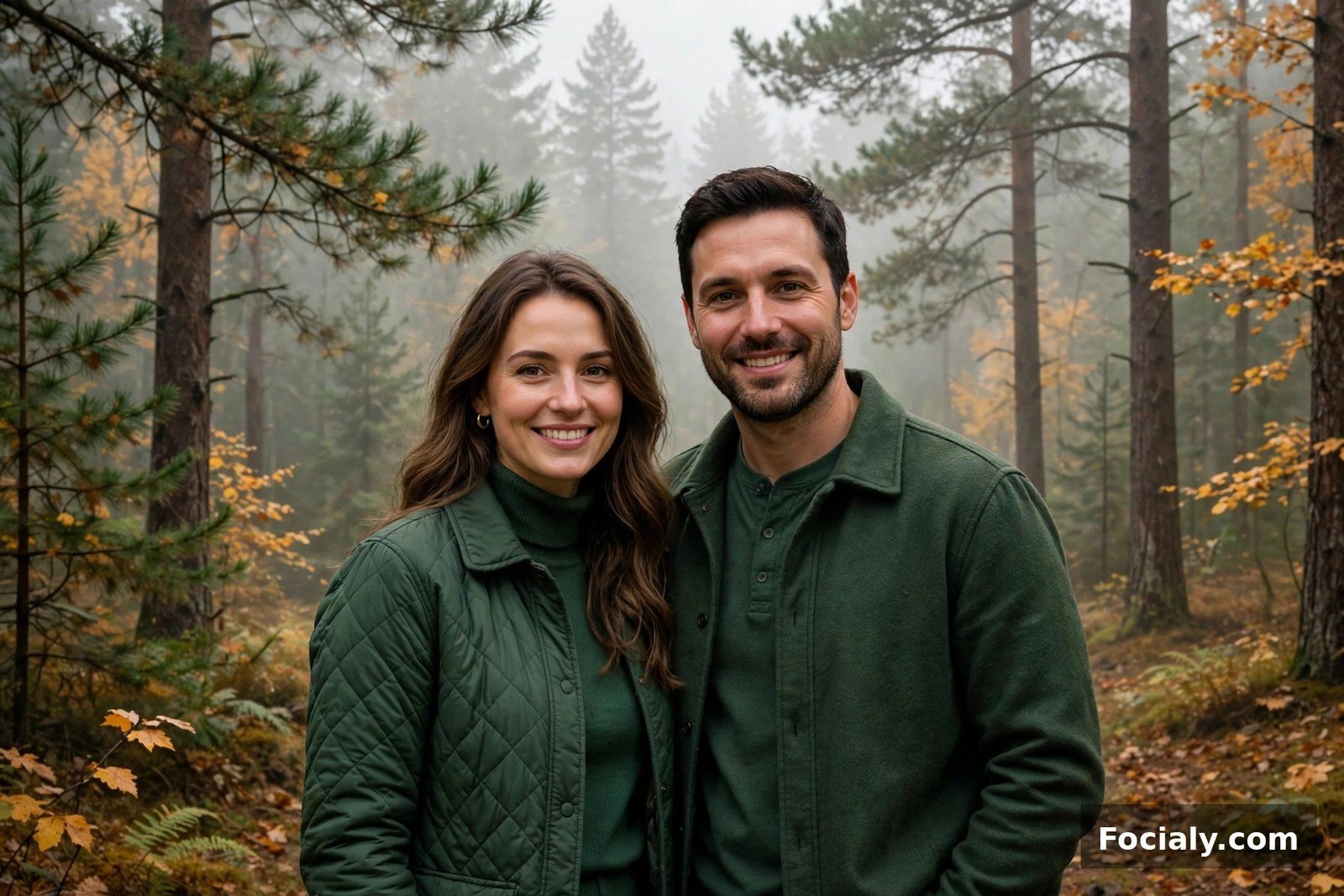 Couple wearing forest green coordinated outfits among tall pine trees