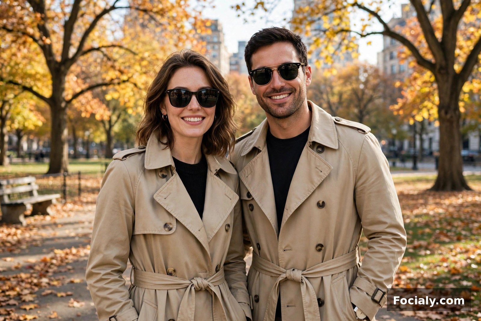 Couple wearing beige trench coats and sunglasses on a bright fall day