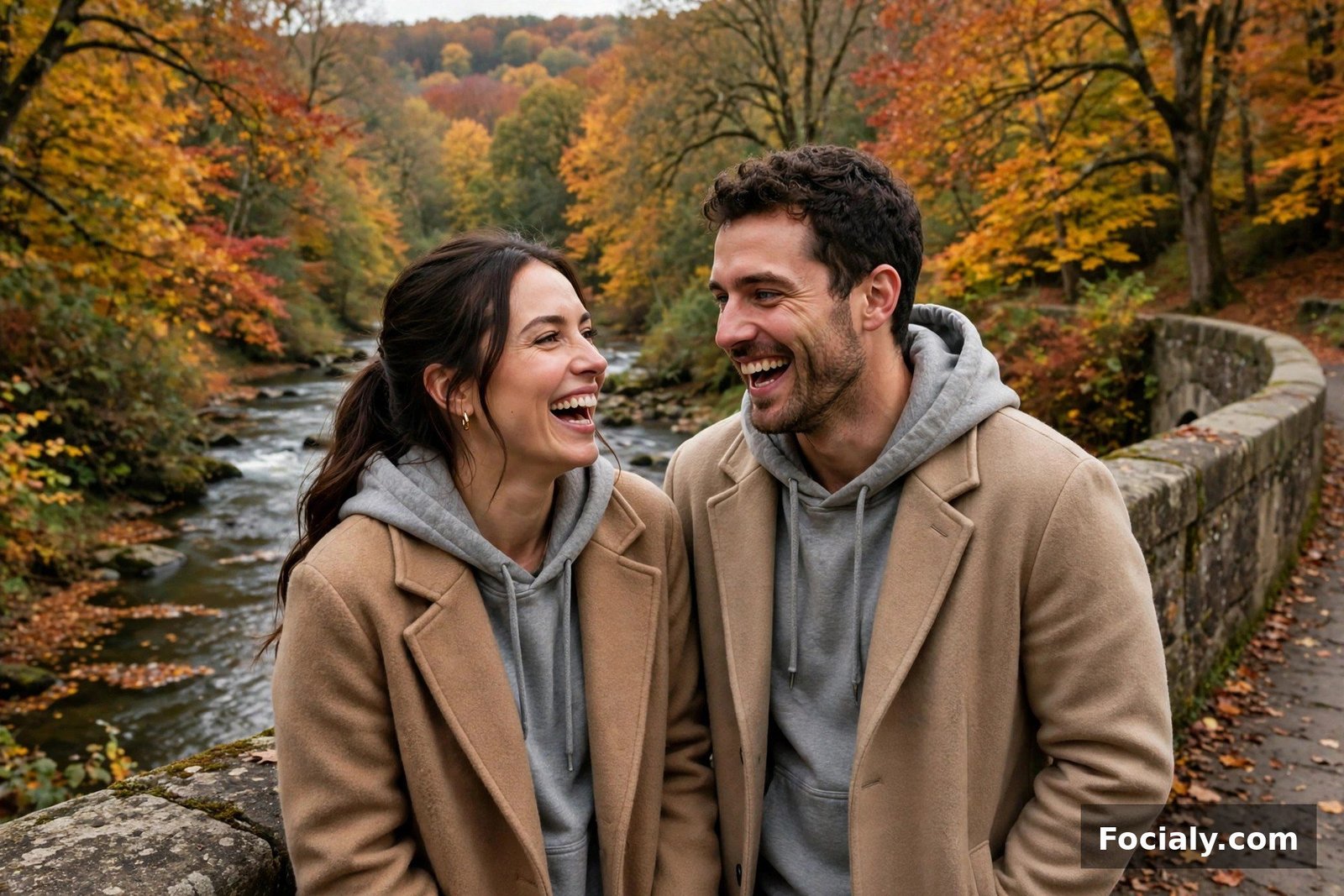 Couple wearing matching hoodies under open wool coats laughing on a bridge