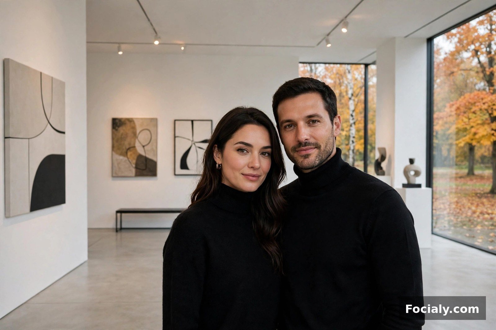 Couple wearing black turtlenecks in a minimalist art gallery