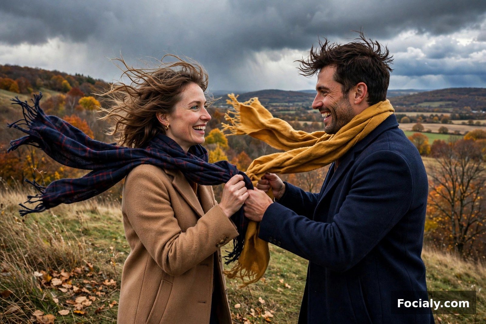 Couple swapping a camel scarf between their wool coats on a windy hill
